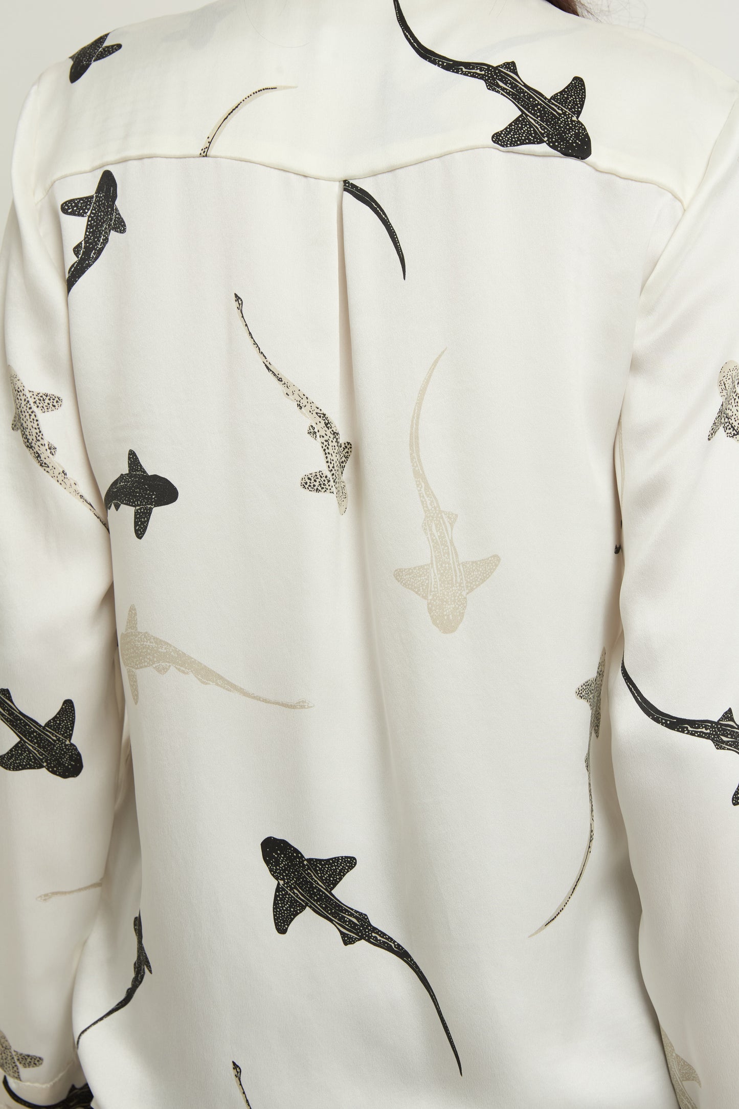 White silk shirt with hand-drawn animal print featuring sharks