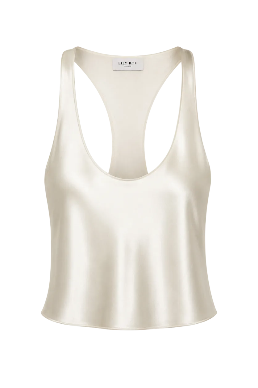 Cream Racer-Back Silk Tank Top
