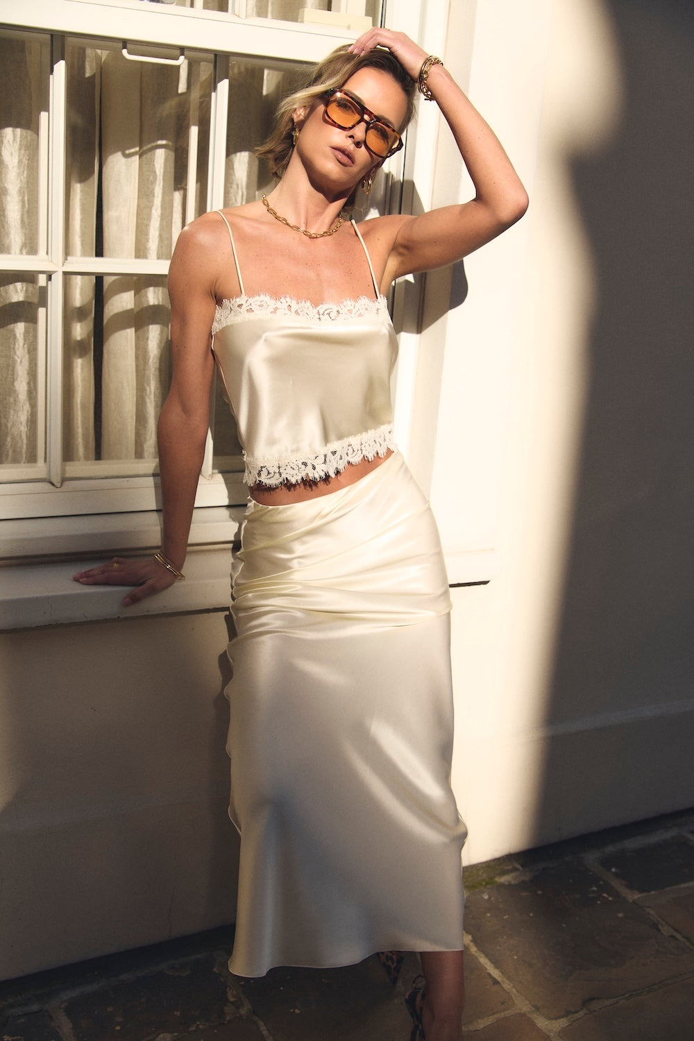 Cream Lace Trim Cropped Silk Top
