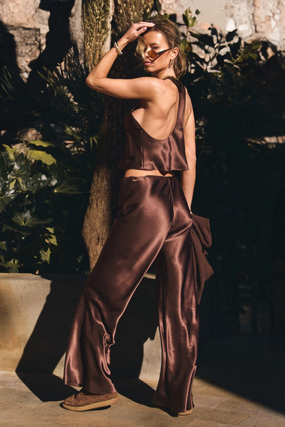 Chocolate Bias-Cut Silk Trousers