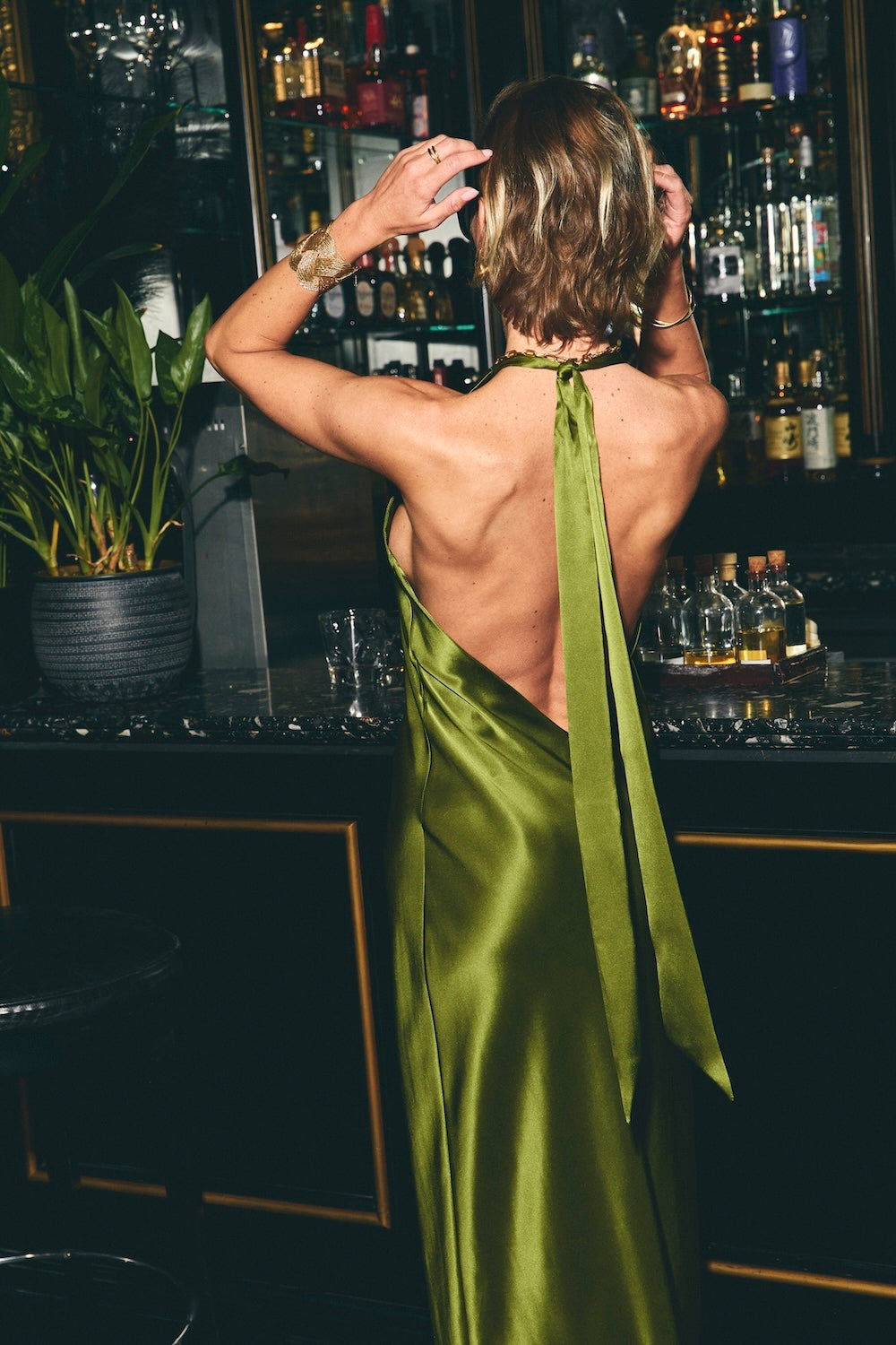 Olive Plunge Neck Maxi Silk Slip Dress