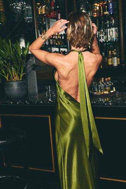 Olive Plunge Neck Maxi Silk Slip Dress