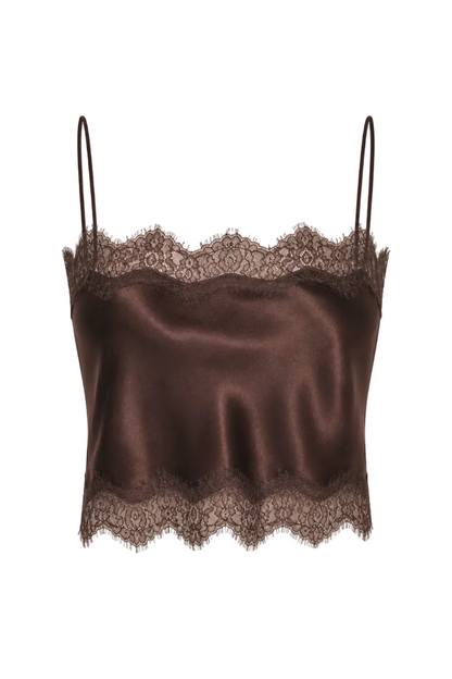 Chocolate Lace Trim Cropped Silk Top