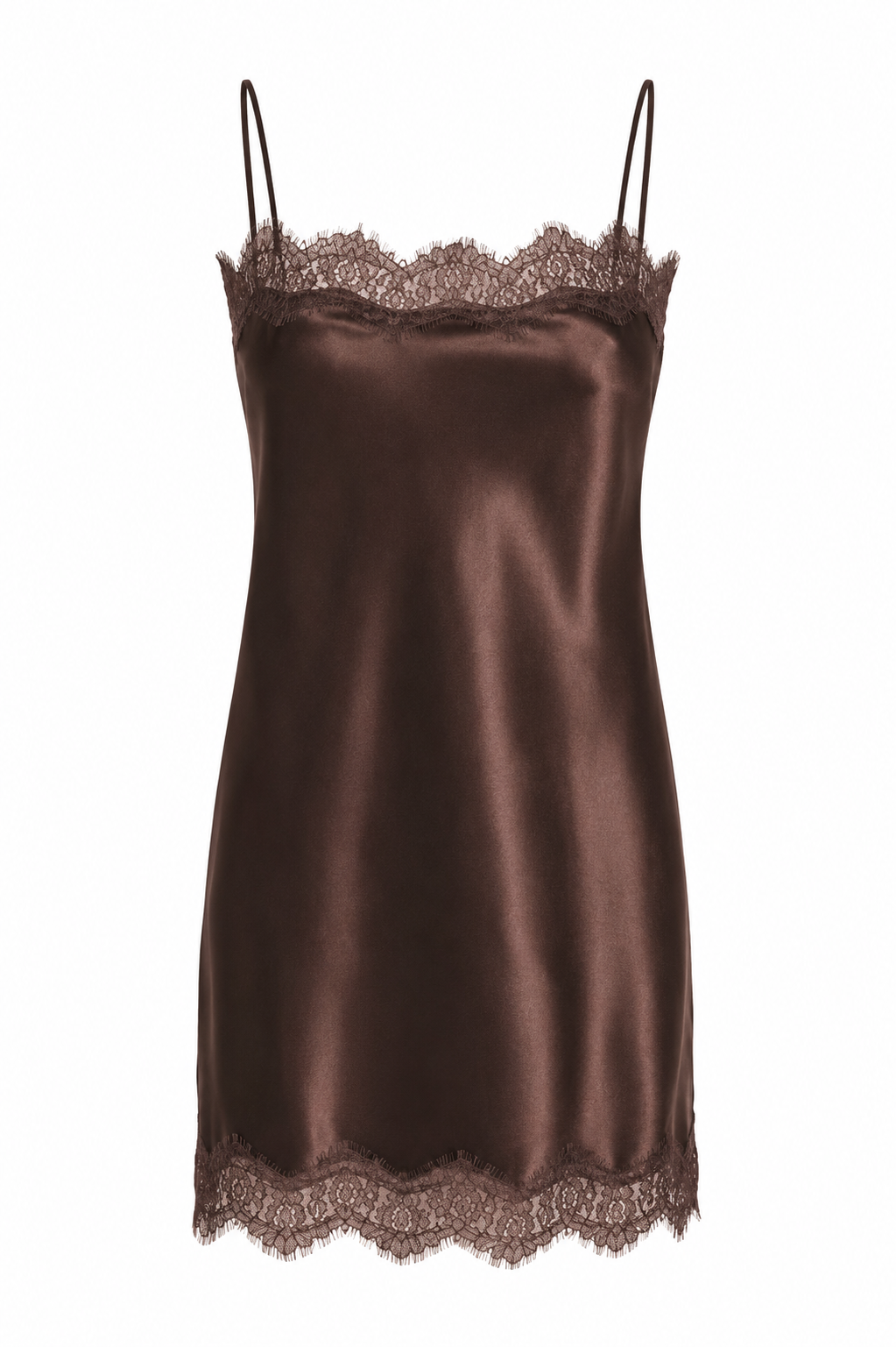 Chocolate Lace Trim Mini Silk Slip Dress